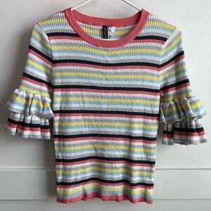 Divided Multicolor Ribbed Ruffle Half Sleeve Blouse